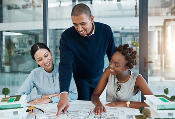 Image showing Meeting architects, blueprint and building engineers with vision talking, planning and discussing structure design on paper. Group diversity or team of professional designers sharing innovation ideas