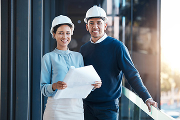 Image showing Architect, engineering blueprint and industrial designer working on building design, sketch plan and construction project. Happy builder, contractor and team in collaboration for property development