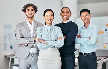 Image showing Diverse, happy and proud team of employees happy and smiling about business success at the office. Portrait of a female leader with a group of colleagues with a positive mindset for company growth