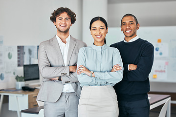 Image showing Teamwork, unity and togetherness with a corporate team portrait of colleagues standing arms crossed in their office at work. Young, motivated and ambitious business people with a mindset of growth