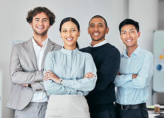 Image showing Businesspeople, team or group of young professionals, staff or interns in unity at office. Portrait of diverse company employees, colleagues and coworkers of b2b advertising and marketing agency