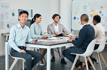 Image showing Corporate office presentation or meeting of business people planning company budget and growth strategy. Advertising and marketing agency team in collaboration for future development and success