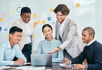 Image showing Teamwork, innovation and planning business people with a laptop looking at work presentation in group discussion meeting or sharing idea. Businessman and woman working with good sales marketing seo