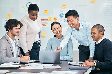 Image showing Business meeting, planning and teamwork while sharing idea on laptop for innovation by marketing team discussing research and crm. Diverse colleagues talking vision and mission for growth development