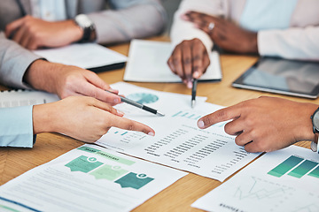 Image showing Financial, marketing or strategy business meeting with group of formal work colleagues in boardroom conference. Closeup of team of professional employees working on data analysis report on company