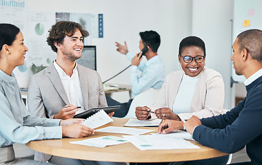 Image showing Diverse, teamwork and collaboration business people in a meeting discussion looking happy with company growth and development. Marketing team talking, planning and discussing good seo strategy plan