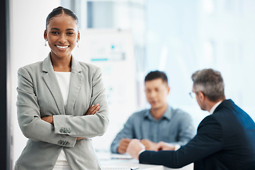 Image showing Assistant, intern andor training business woman looking proud, confident and motivated before a boardroom team meeting. Portrait of powerful, ambitious and inspired office corporate with arms crossed