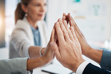 Image showing Hands of corporate, businesspeople or staff together in solidarity, unity and collaboration for common vision and mission. Trust team building group meeting of business professionals at office