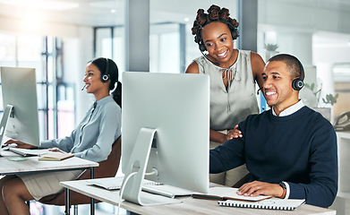 Image showing Manager training call center agent on computer with talking, discussing and negotiating deals, sales and promotions for customer. Office colleagues leader helping learning intern with client on tech