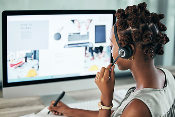 Image showing Marketing agent, sales consultant and call center operator working on computer while networking, talking and consulting. Business woman selling, helping and writing notes for online customer service