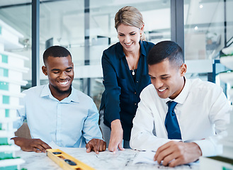 Image showing Architects or corporate engineers working on building construction in meeting, planning blueprint and looking at home renovation paperwork. Smiling colleagues drawing a design, doing job and laughing