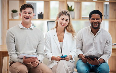 Image showing Business team community, collaboration and happy office workers with digital devices ready to work. Portrait of staff group diversity while working on a digital marketing teamwork project together