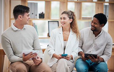 Image showing Collaboration, diverse team and happy business people with motivation planning strategy, idea and innovation together in trendy modern office startup. Smiling colleagues teaming up for group success