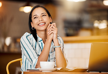 Image showing Thinking, smiling and happy young woman remote online employee day dreaming in a coffee shop. Modern female startup entrepreneur with a satsifed smile working on a computer in a cafe taking a break