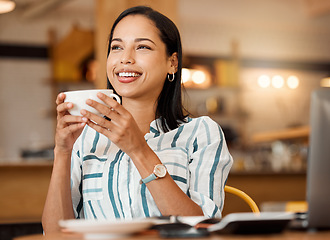 Image showing Thoughtful, relaxed and satisfied woman drinking coffee, thinking and enjoying breakfast break in a cafe. Smile lady, joyful and having positive ideas while sitting with a warm tea or beverage