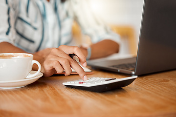 Image showing Calculation, budget and finances of hands working with calculator and laptop at a cafe. Finance, costs and income of an accountant calculating or planning financial profits and expenses.