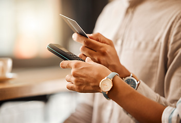 Image showing Hands paying with credit card and machine at shop, buying a product at cafe and making contactless payment at restaurant. Customer making nfc purchase, getting help from worker and waiter for service