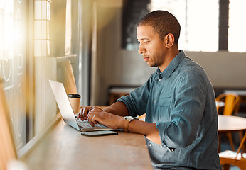 Image showing Freelancer, laptop web designer and entrepreneur thinking of website ideas, planning webpage and coding in a cafe. Serious, ambitious or inspired creative man designing vision into code in restaurant