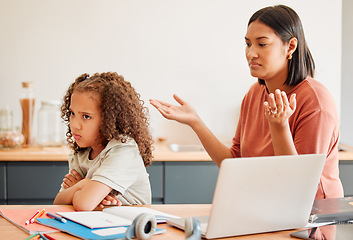 Image showing Confused parent teaching upset daughter, home school angry or sad child online class work. Mother doesnt understand rude little girl with depression, anxiety or education learning disability.