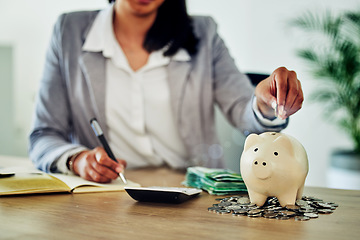 Image showing Finance, planning and saving with budget tracking, counting personal finances and family money management. Woman calculating cash and coins in piggy bank for future bills, retirement or holiday funds