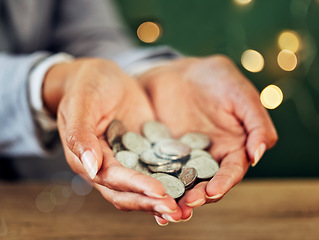 Image showing Money, coins and finance for business investment or donation in hands of business woman. Financial help, savings or funds for startup growth. Accountant planning for future finances, insurance or tax