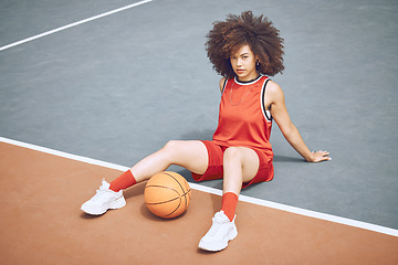 Image showing Basketball player on court, getting ready for game and workout before fitness exercise outside. Portrait of a black woman sports person with afro playing, training and exercising in sport fashion