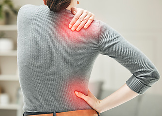 Image showing Shoulder, hip and back pain of a woman touching and holding a painful area on her body in red. Closeup of a female feeling strain, ache and discomfort from a glowing muscle injury problem.