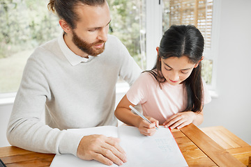 Image showing Father helping homeschool kid with homework, studying and learning math while writing in book at home. Caring parent bonding with young child for education development, project and assignment