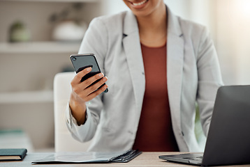 Image showing Business woman texting, browsing and reading a notification on her phone while scrolling on social media in an office. Entrepreneur checking messages, apps and web while networking online at her desk