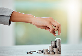 Image showing Saving, money and growth for small business finance, coin stack of money for growing economy. Financial wealth and investment for profits, accounting or economics in the workplace over copy space