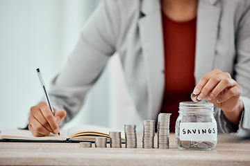 Image showing Finance, budget and saving money or coins by depositing currency, cash or pennies in glass jar. Financial advisor hands, manager or accountant writing in book, planning or investing in company future