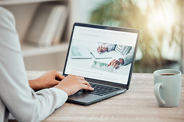 Image showing Professional worker reading an email on a laptop, looking at stocks or watching the news online at home. Lawyer planning, writing and working on a problem or case in a modern office at work.