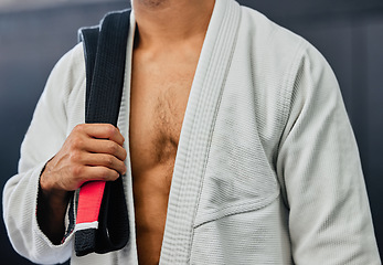 Image showing . Blackbelt karate, taekwondo body martial arts master and experienced fighter teaches self defense in dojo close up. Fit, fitness trainer and strong teacher in fighting hand techniques and training.