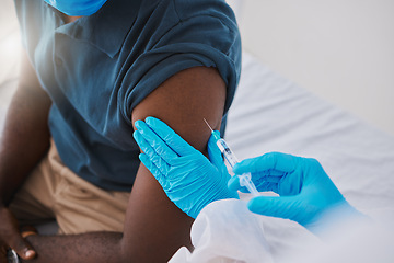 Image showing Closeup vaccine, injection and medicine for covid, monkeypox or ebola with doctor, healthcare or medical professional. Frontline worker in using syringe or needle to inject clinic or hospital patient