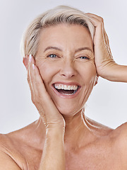 Image showing Skincare, wrinkles and face of old woman or model in beauty, cosmetics or flawless skin portrait isolated on studio background. Big smile senior lady posing with anti aging skin care wellness routine