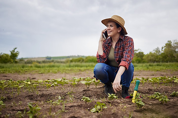 Image showing Agriculture farmer talking or networking on phone, happy with success or small business growth on a farm. Sustainability woman with good news on a cellphone call, planting vegetable crops or plants