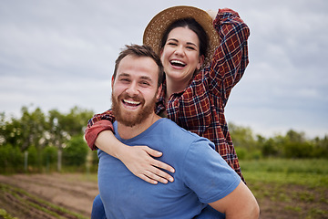Image showing Couple, love and sustainability with a man and woman together on a farm in the agriculture industry. Portrait of a farmer working in a field for sustainable, zero waste and eco friendly farming