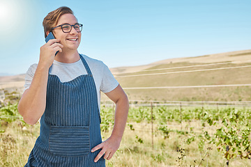 Image showing Vineyard, grape farm and farmer on phone call with happy smile for good new or online success in countryside or agriculture industry. Sustainable female on cellphone making small business investment