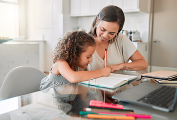 Image showing Family, education and distance learning mother helping her child student with her school work. Smiling mom working with and teaching her young girl, studying on kitchen table at home