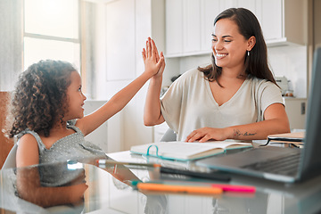 Image showing High five, homework and mom celebrating with preschool student for learning, goals and writing notes successfully. Teamwork, smile, and happy mom celebrates education with her kindergarten baby girl