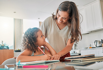 Image showing Homeschool, learning and bonding with a mother and daughter doing homework in the kitchen at home. Happy parent helping her child with a school task, smiling, talking and enjoying time together