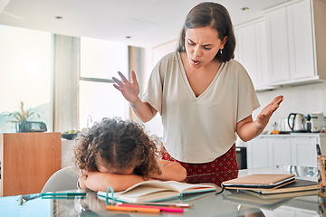 Image showing Autism, frustrated and bad mental health behavior by child and frustrated mother during homework. Annoyed, abuse parent angry with crying child suffering from ADHD and hiding, afraid and depressed