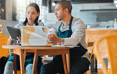 Image showing Cafe store owners planning budget, finance coffee shop innovation strategy and documents in teamwork. Startup man and woman in small business meeting, discuss restaurant financial goal and vision.