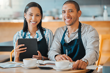 Image showing Small business owner, cafe entrepreneur or coworkers together in meeting and planning budget, expenses and stock. Teamwork of startup coffee shop manager and employee working on marketing strategy