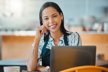 Image showing Cafe manager with laptop, vision and motivation checking small business online orders on technology for a local coffee shop. Portrait of happy restaurant entrepreneur managing workers and ecommerce