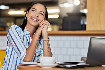 Image showing Thinking coffee shop manager or cafe entrepreneur with menu vision ideas, planning innovation and preparing schedule. Woman in restaurant dreaming of success and calculating startup finance on laptop