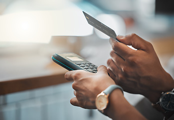 Image showing Credit card payment by a retail customer paying using digital technology after getting money from the atm. Finance, security and hands of business people shopping, nfc and buying at store for a sale