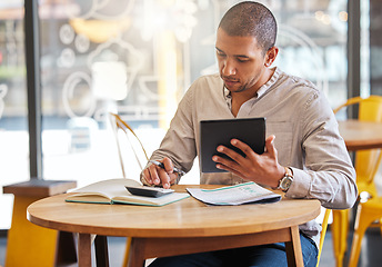 Image showing Accountant, entrepreneur or business man with a tablet calculating profit, startup growth and planning budget at a coffee shop. Freelance worker on digital app working on accounting or tax in cafe