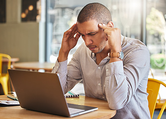Image showing Work, anxiety and a stress headache, man on a computer at his office desk. Employee having a burnout and working, thinking about debt or a deadline. Tired businessman online on laptop with head pain.