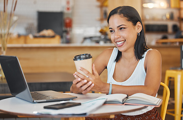 Image showing Student, drinking coffee in cafe on a laptop and on a video call, reading email, books or notebook. Smile, happy and writing business woman working on a computer with her phone in a restaurant.